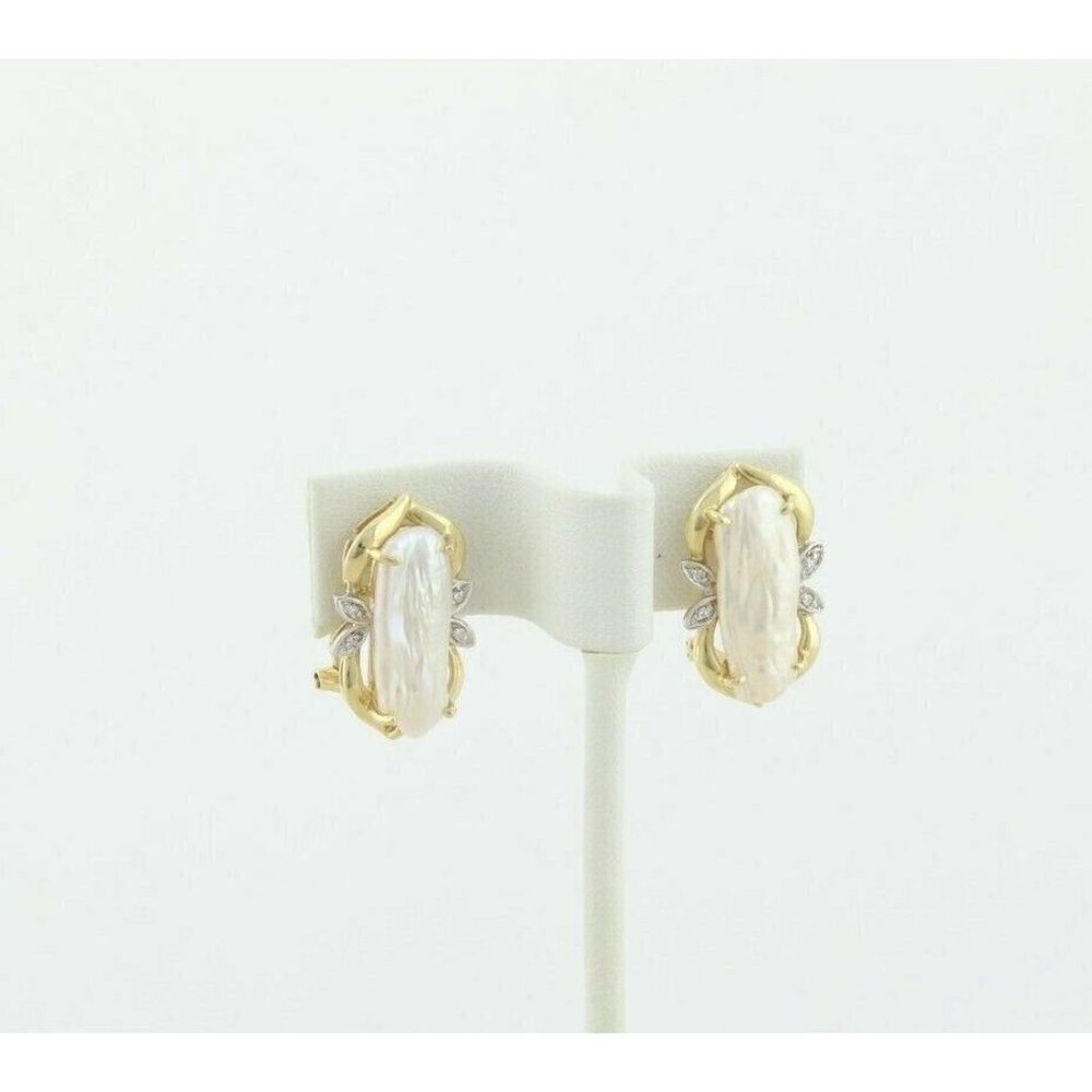 14k Yellow Gold Keshi Pearl and Diamond Earrings Lever Back Earrings - Picture 4 of 11